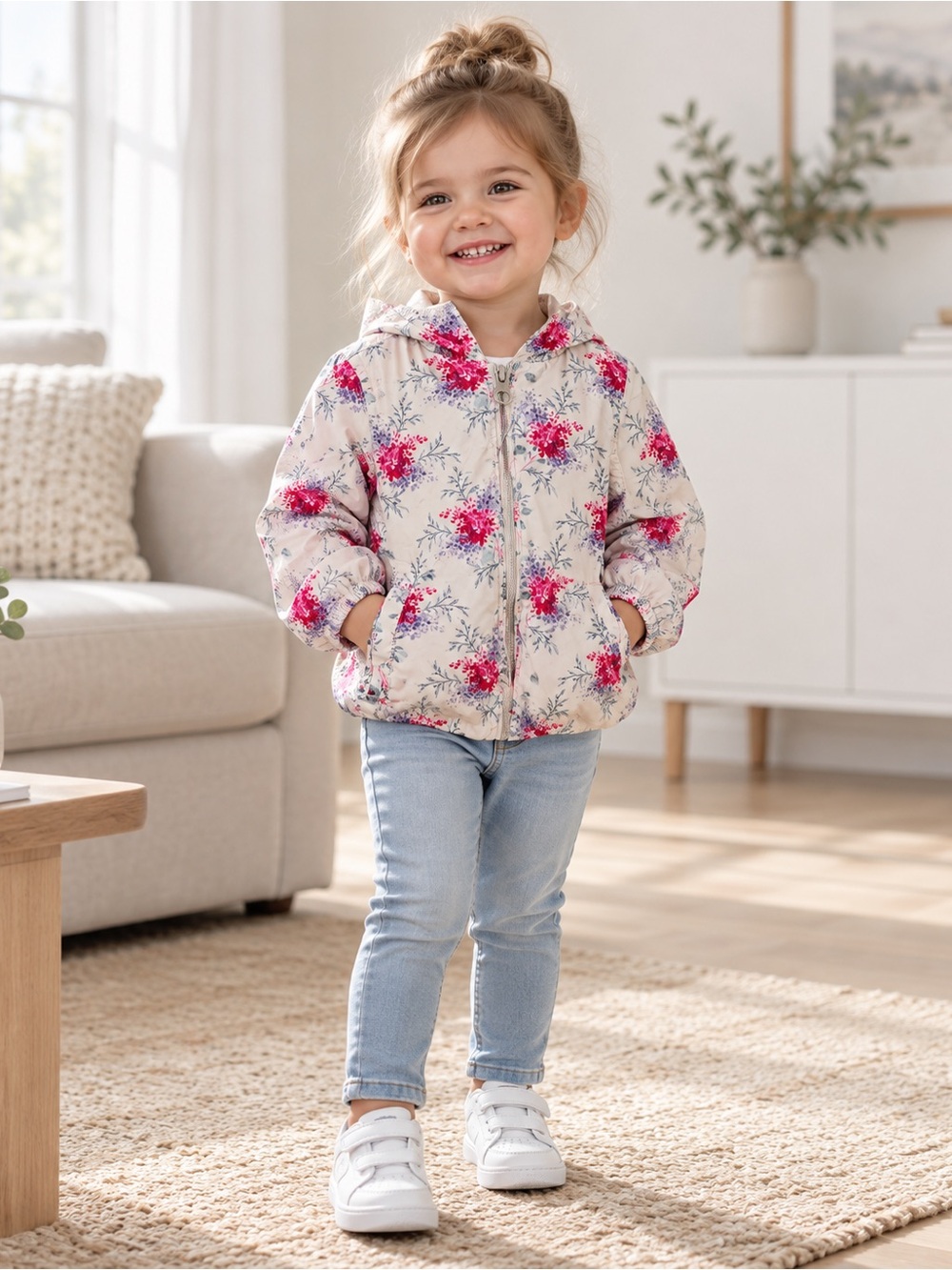 GAP Cream Hooded Light Weight Jacket with Pink Floral Print